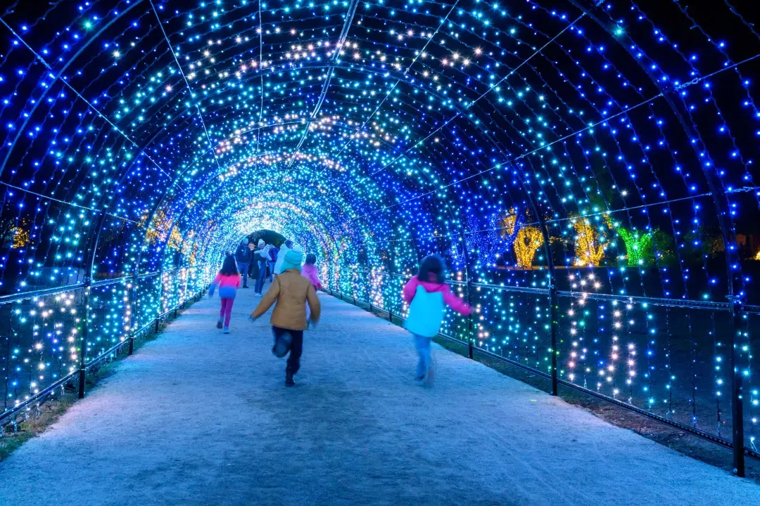 孩子们在闪烁蓝色的圣诞灯隧道里奔跑