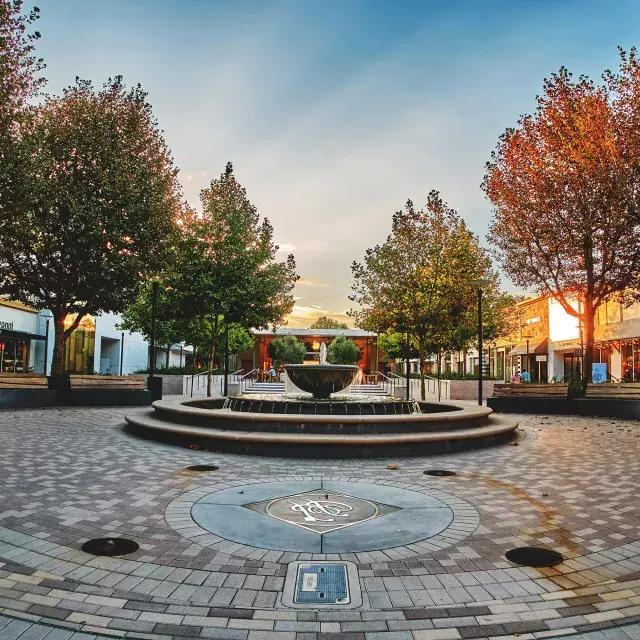 Centro commerciale all'aperto con alberi e fontana